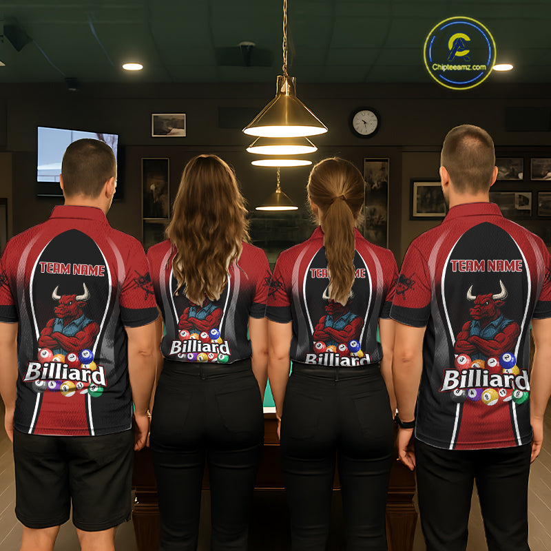 Red Funny Bull Pool Balls Women Billiard Polo & 1/4-Zip Apparel Custom Billiard Shirt Designs NYN2408