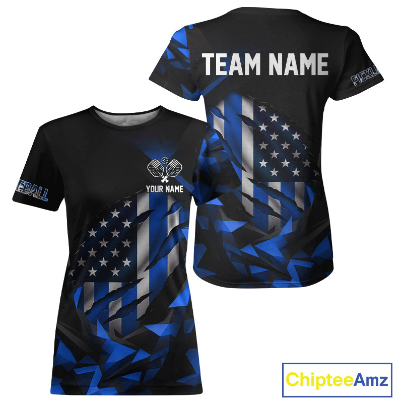 Custom Black And Blue Patriotic Pickleball T-Shirt For Women US Flag Pickleball Team Jerseys NYN2782