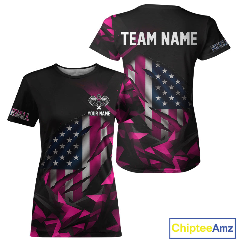 Custom Black And Pink Patriotic Pickleball T-Shirt For Women US Flag Pickleball Team Jerseys NYN2783