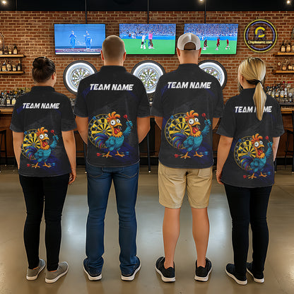 Colorful Rooster Funny Men Darts Polo & 1/4-Zip Shirt Custom Grunge Blue Dart Attire For Darters NYN3004