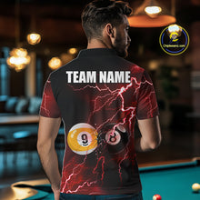 Load image into Gallery viewer, Male model wearing Thunder Lightning Red custom billiard polo, 8 Ball 9 Ball pool team jersey, cue sports championship apparel, league uniform