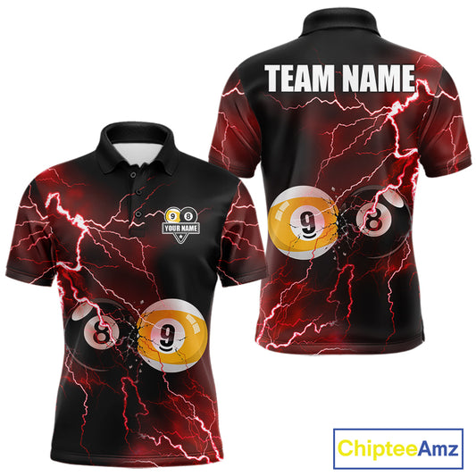 Thunder Lightning Red men's 8 Ball 9 Ball pool polo jersey, custom billiards team shirt, cue sport league apparel, bar league uniform, personalized tournament polo