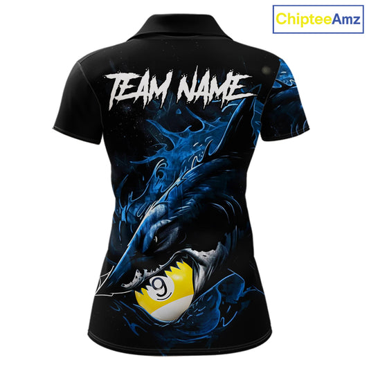 Funny Shark Blue women's pool polo shirt featuring playful shark and 8 Ball 9 Ball artwork, custom billiard team jersey, cue sports apparel, fun tournament uniform