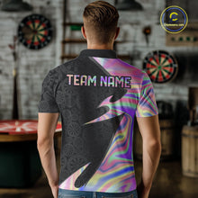 Load image into Gallery viewer, Male model wearing Pink Holographic darts polo, custom tournament jersey, premium darts league apparel, modern iridescent sportswear, personalized team clothing
