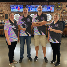 Load image into Gallery viewer, Coordinated Pink Ribbon darts team jerseys for men and women, Breast Cancer Awareness tournament uniforms, charity fundraising apparel, custom league shirts, inspirational team clothing, community event jerseys