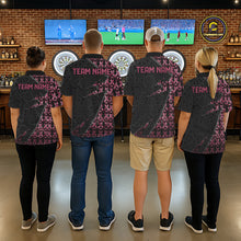 Load image into Gallery viewer, Matching Black &amp; Pink Ribbon Grunge darts team uniforms, awareness tournament jerseys, personalized dart league apparel, custom charity team clothing, championship sports uniforms