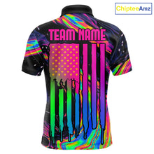 Load image into Gallery viewer, Psychedelic Holographic US Flag men's darts polo with colorful American flag graphics, personalized dart tournament jersey, custom league performance clothing