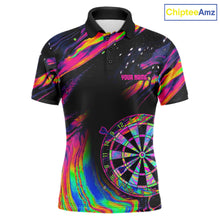 Load image into Gallery viewer, Psychedelic Holographic US Flag men's darts polo with colorful American flag graphics, personalized dart tournament jersey, custom league performance clothing