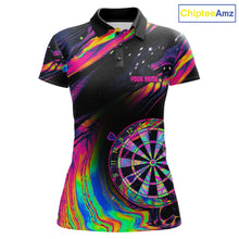 Load image into Gallery viewer, Psychedelic Holographic US Flag women's darts polo featuring colorful dartboard artwork, custom tournament jersey, patriotic league apparel, vibrant performance sportswear