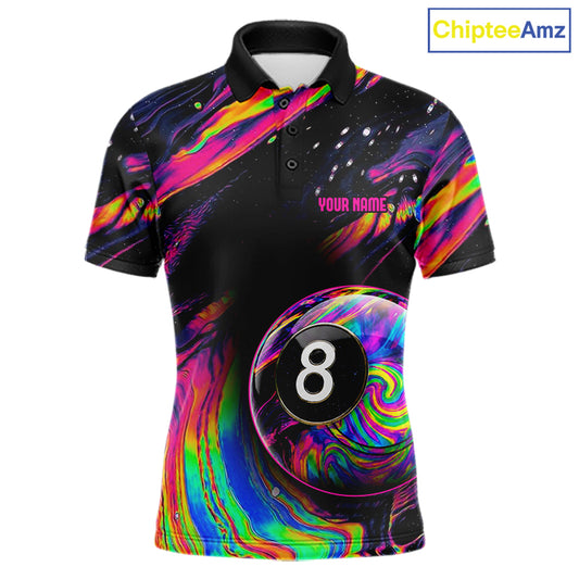 Colorful Holographic men's 8 Ball billiard polo jersey, custom pool team shirt, cue sports tournament apparel, professional league uniform