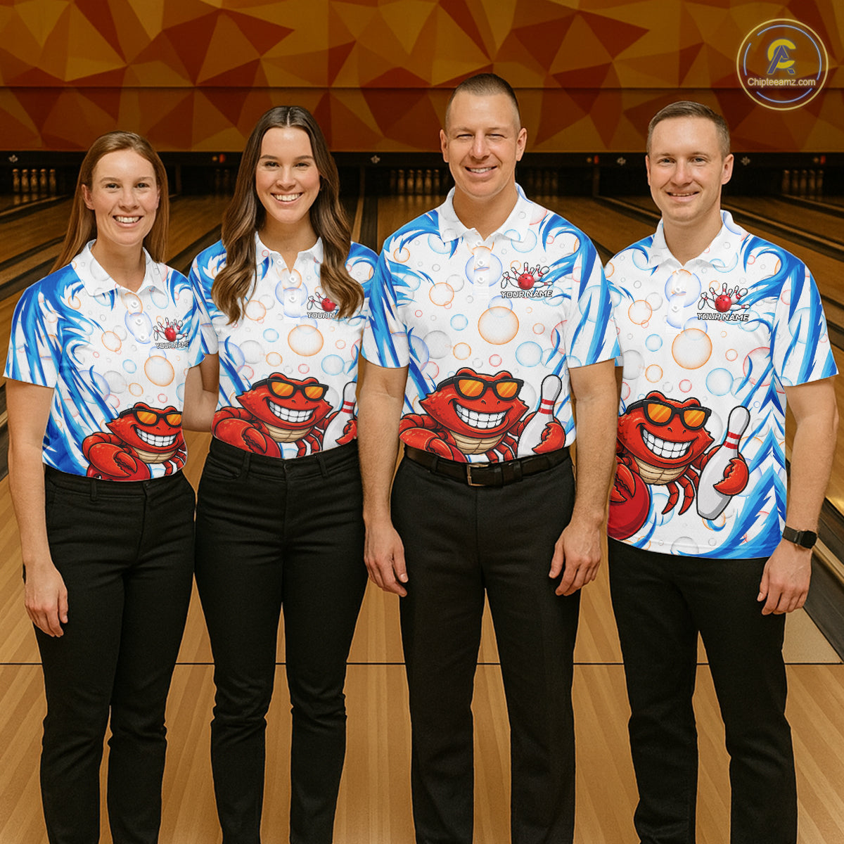 White & Blue Bubbles Funny Crab Bowling Polo Quarter-Zip Shirt For Women Custom Bowling Team Shirt NYN3977