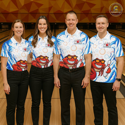 White & Blue Bubbles Funny Crab Bowling Polo Quarter-Zip Shirt For Women Custom Bowling Team Shirt NYN3977