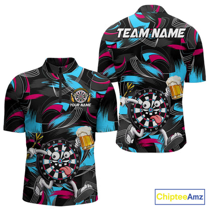 Pink And Teal Paint Dartboard Funny Beer Darts Team Shirt For Men Custom Darts Polo 1/4-Zip Jersey NYN3989