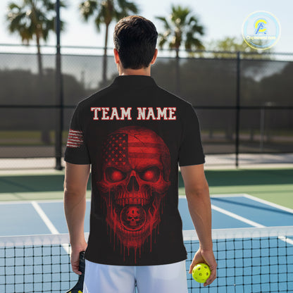 Custom Red Grunge Skull Pickleball Ball League Jerseys For Men US Flag Pickleball Shirts NYN2150