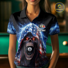 Load image into Gallery viewer, US Flag Thunder Grim Reaper 8 Ball 9 Ball Pool Women Billiard Shirt Custom Patriotic Billiard Apparel NYN2636