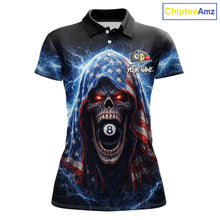 Load image into Gallery viewer, US Flag Thunder Grim Reaper 8 Ball 9 Ball Pool Women Billiard Shirt Custom Patriotic Billiard Apparel NYN2636