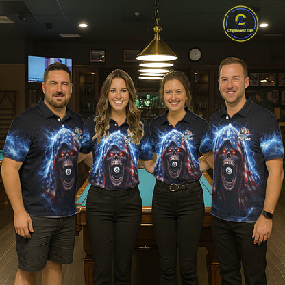 US Flag Thunder Grim Reaper 8 Ball 9 Ball Pool Men Billiard Shirt Custom Patriotic Billiard Apparel NYN2636