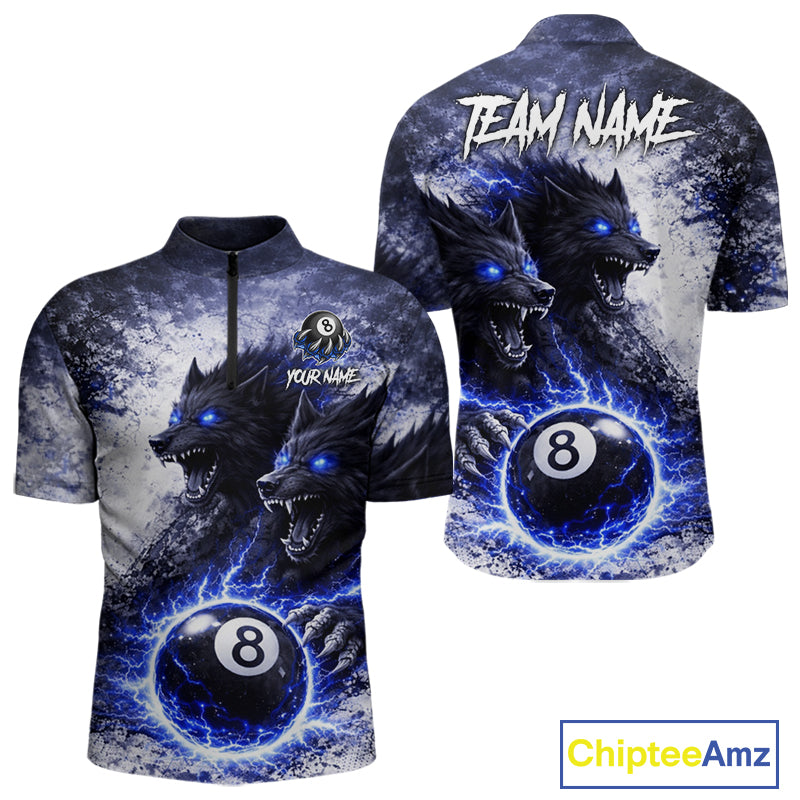Grey & Blue Grunge Wolfs Claws Thunder 8 Ball Pool Men Billiard Shirt Custom Billiard Team Attire NYN2640