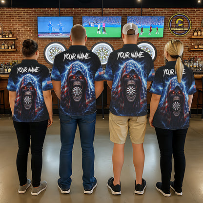 American Flag Thunder Grim Reaper Dartboard Men Darts Polo Shirt Custom Patriotic Dart League Shirt NYN2641