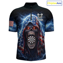 Load image into Gallery viewer, American Flag Thunder Grim Reaper Dartboard Men Darts 1/4-Zip Shirt Custom Patriotic Dart League Shirt NYN2641