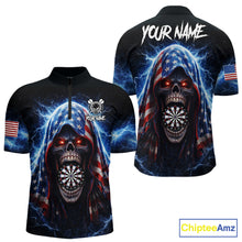 Load image into Gallery viewer, American Flag Thunder Grim Reaper Dartboard Men Darts 1/4-Zip Shirt Custom Patriotic Dart League Shirt NYN2641