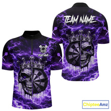 Load image into Gallery viewer, Thunder Purple Cracked Crown Skull Dartboard Men Darts 1/4-Zip Shirt Custom Dart League Shirt NYN2645