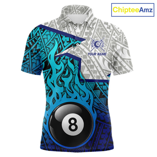 Billiards Pool Player White Blue Tribal Polo Quater-Zip Shirts For Men, Custom Billiard Team Jerseys NYN3015