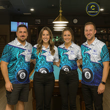 Load image into Gallery viewer, Billiards Pool Player White Blue Tribal Polo Quater-Zip Shirts For Men, Custom Billiard Team Jerseys NYN3015