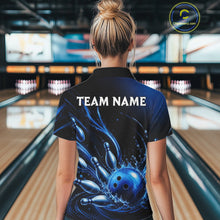 Load image into Gallery viewer, Blue Watering Bowling Ball &amp; Pins Jerseys For Women Custom Splatter Bowling Shirt Team Attire NYN3181