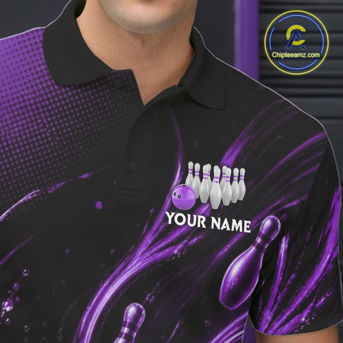 Purple Watering Bowling Ball & Pins Jerseys For Men Custom Splatter Bowling Shirt Team Attire NYN3182