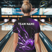 Load image into Gallery viewer, Purple Watering Bowling Ball &amp; Pins Jerseys For Women Custom Splatter Bowling Shirt Team Attire NYN3182