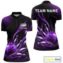 Load image into Gallery viewer, Purple Watering Bowling Ball &amp; Pins Jerseys For Women Custom Splatter Bowling Shirt Team Attire NYN3182