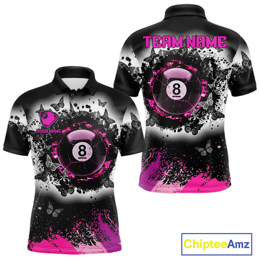 Black white pink billiard 8 ball pool shirt for men butterfly grunge billiard jersey