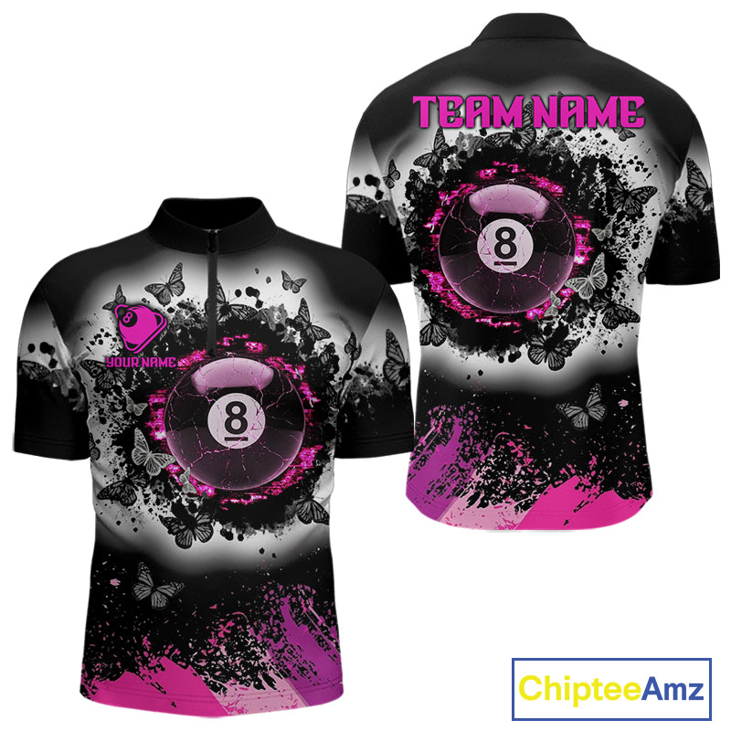 Black white pink billiard 8 ball pool shirt for men butterfly grunge billiard jersey