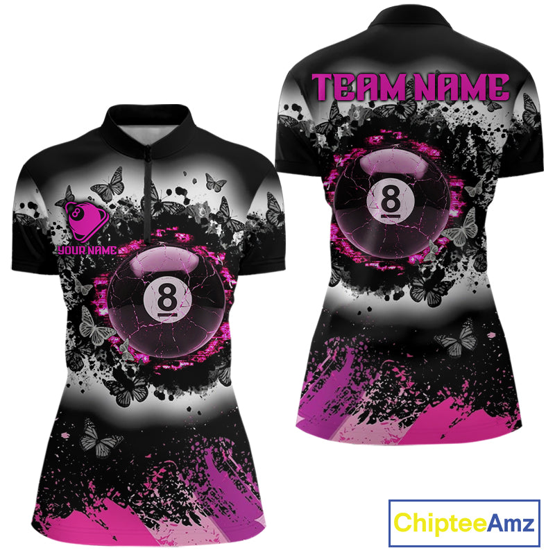 Black white pink billiard 8 ball pool shirt for women butterfly grunge billiard jersey