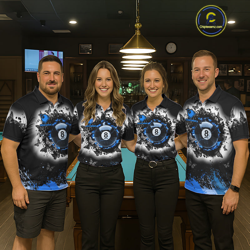 Black, White & Blue Billiard 8 Ball Pool Shirt For Men Custom Butterfly Grunge Team Billiard Jersey NYN3440