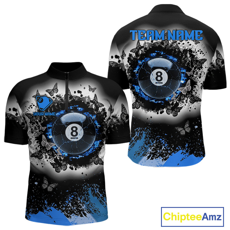 Black white blue billiard 8 ball pool shirt for men butterfly grunge billiard jersey