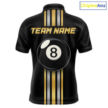 Load image into Gallery viewer, Black &amp; Gold 8 Ball men's billiard polo with metallic gold styling, personalized pool tournament jersey, custom cue sports apparel, league uniform, professional billiard team shirt, championship performance sportswear