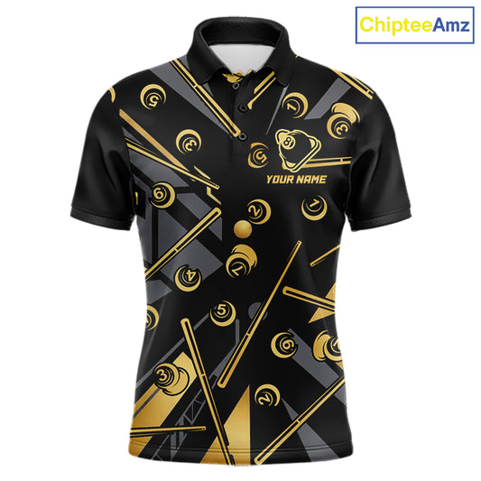 Black & Gold 8 Ball men's billiard polo with metallic gold styling, personalized pool tournament jersey, custom cue sports apparel, APA league uniform, professional billiard team shirt, championship performance sportswear