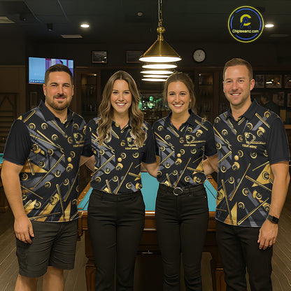 Coordinated Black & Gold 8 Ball billiard jerseys for men and women, custom APA BCA tournament uniforms, premium cue sports apparel, championship pool team shirts, matching league clothing, professional club jerseys