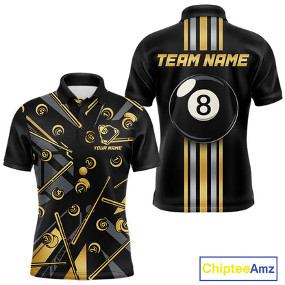 Black & Gold 8 Ball men's billiard polo with metallic gold styling, personalized pool tournament jersey, custom cue sports apparel, APA league uniform, professional billiard team shirt, championship performance sportswear