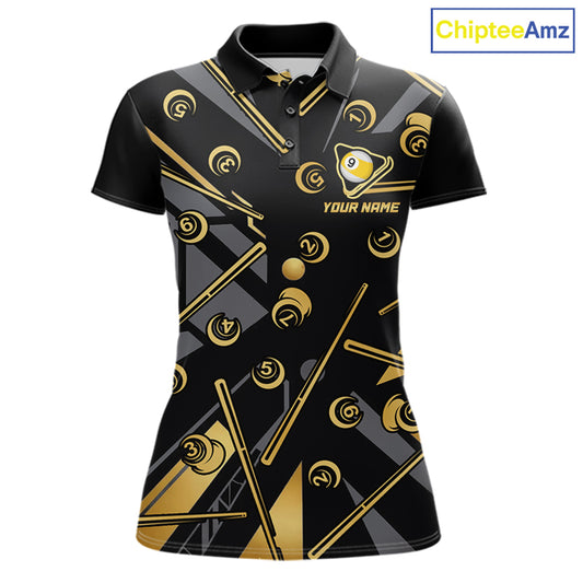 Black & Gold 9 Ball women's billiard polo featuring luxury gold trim, custom pool team jersey, personalized 9 Ball tournament apparel, league clothing, cue sports performance uniform, championship team polo