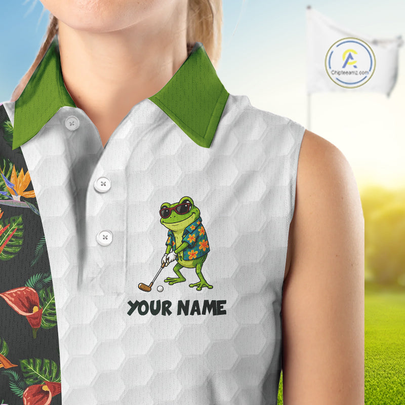 Custom Frog Golfer Golf Ball Team Attire Tropical Monstera Sleeveless Golf Polo Golf Shirts For Women NYN3992