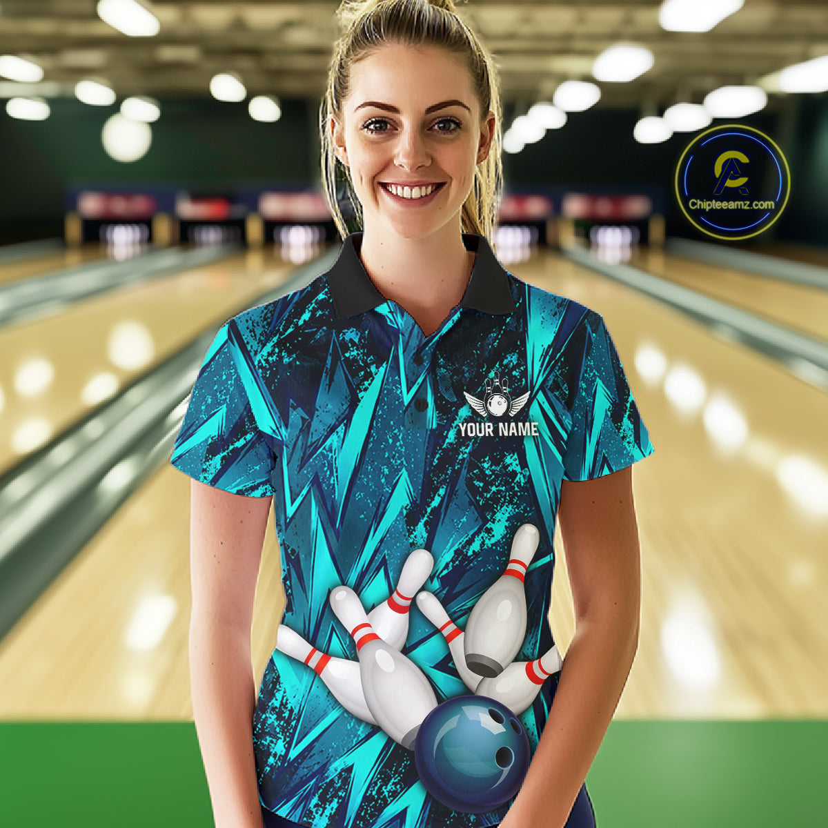 Strike Bowling Ball & Pins Grunge Cyan Women Bowling Shirts Personalized Bowling Team Outfits NYN3189