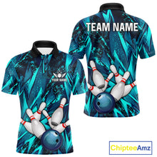 Load image into Gallery viewer, Strike Bowling Ball &amp; Pins Grunge Cyan Men Bowling Shirts Personalized Bowling Team Outfits NYN3189