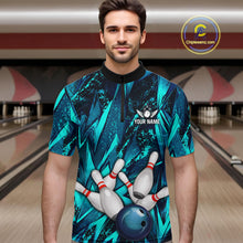 Load image into Gallery viewer, Strike Bowling Ball &amp; Pins Grunge Cyan Men Bowling Shirts Personalized Bowling Team Outfits NYN3189