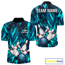 Load image into Gallery viewer, Strike Bowling Ball &amp; Pins Grunge Cyan Men Bowling Shirts Personalized Bowling Team Outfits NYN3189