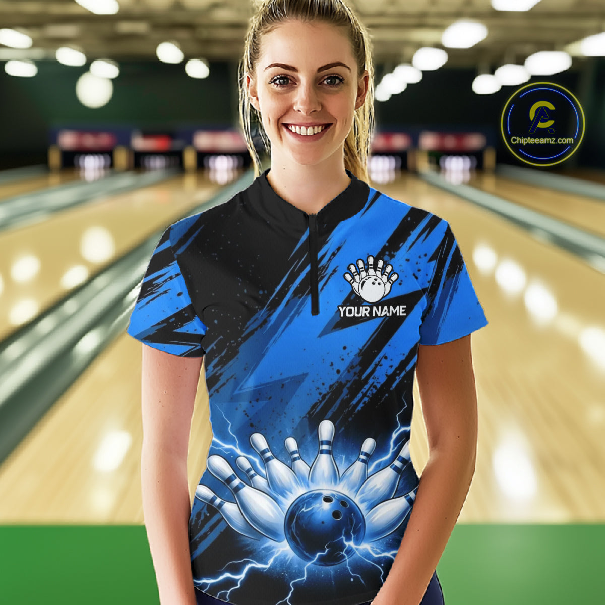 Womens Thunder Lightning Bowling Polo 1/4-Zip Shirts Custom Blue Stripes Team Bowling Jerseys NYN3455