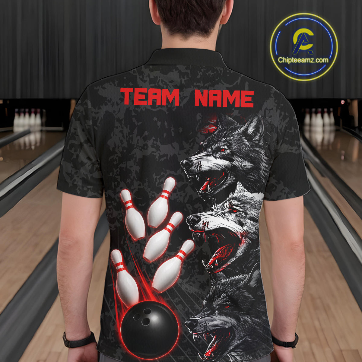 Custom Black And Red Thunder Bowling Team Shirts For Men Funny Wolfs Bowling Tournament Jerseys NYN4016