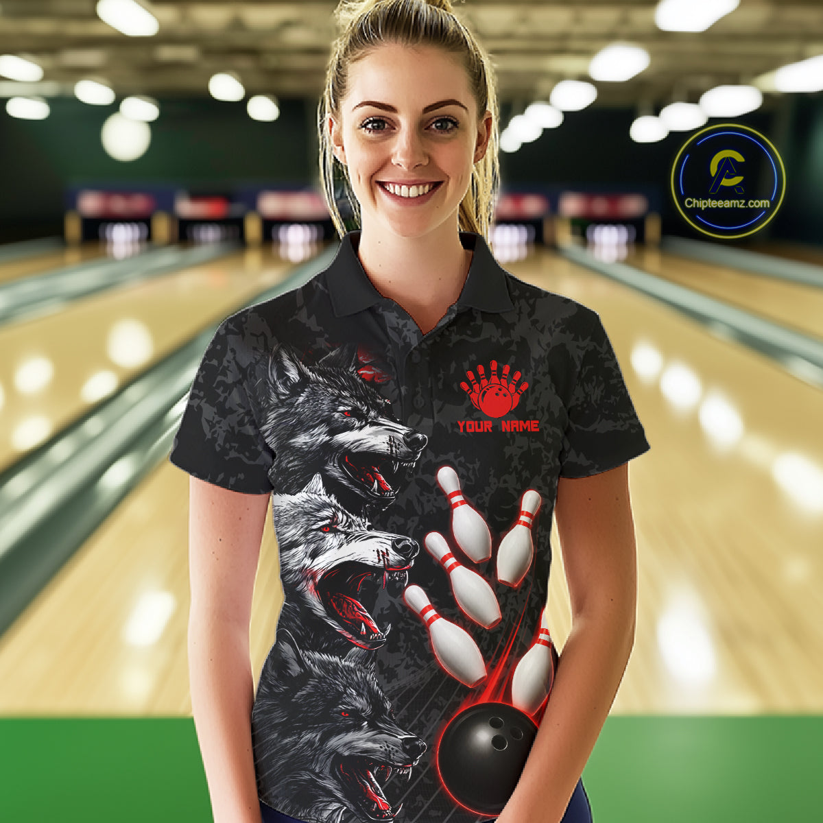 Custom Black And Red Thunder Bowling Team Shirts For Women Funny Wolfs Bowling Tournament Jerseys NYN4016